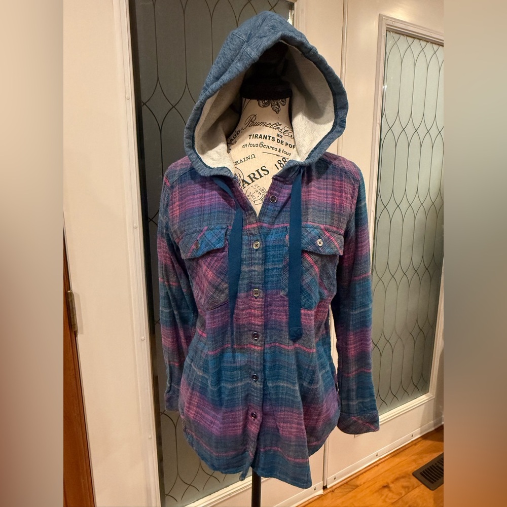 Columbia Plaid Hooded Shirt in Blue and Purple